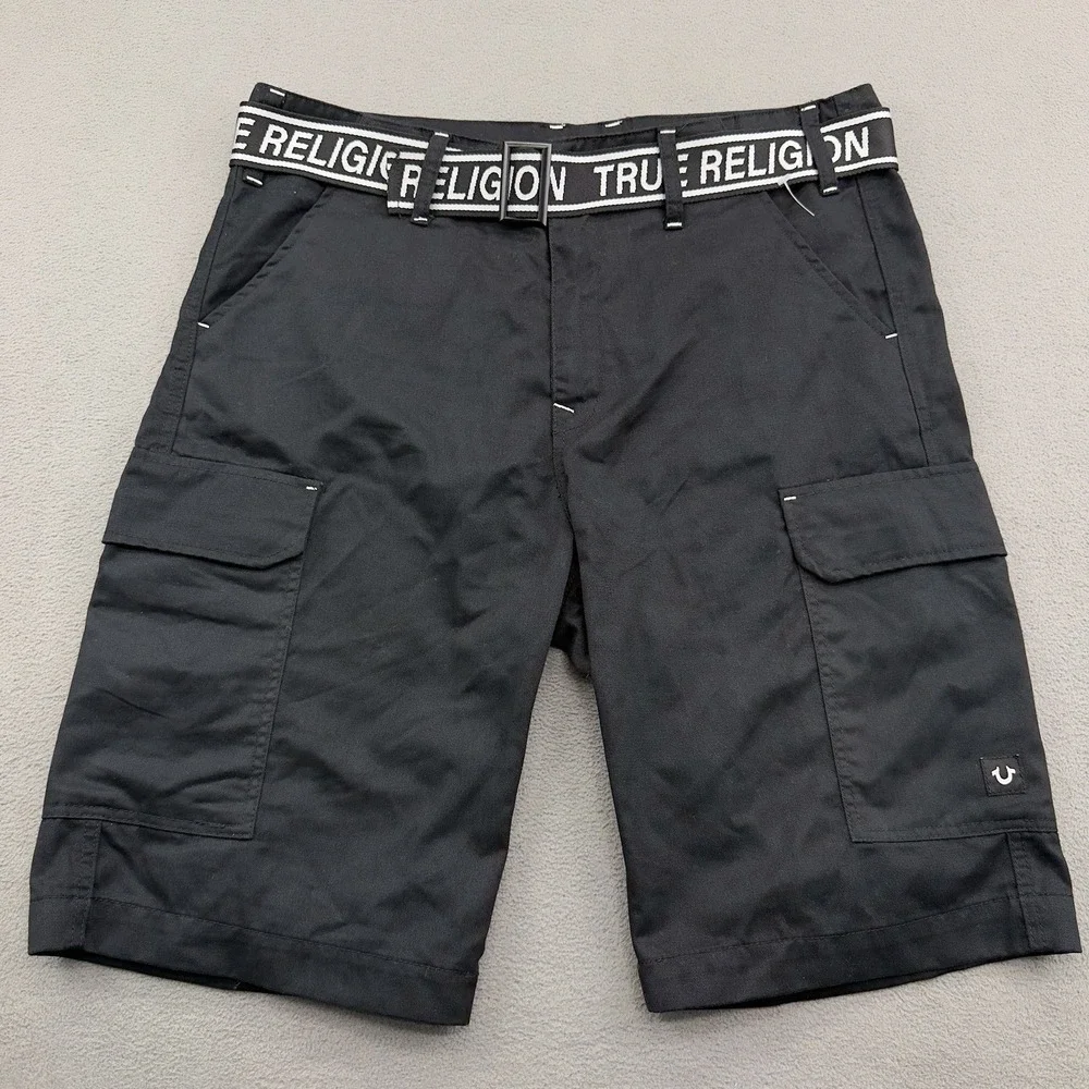 True Religion Belted Utility Cargo Shorts Mens 34 Black Contrast Stitch 12